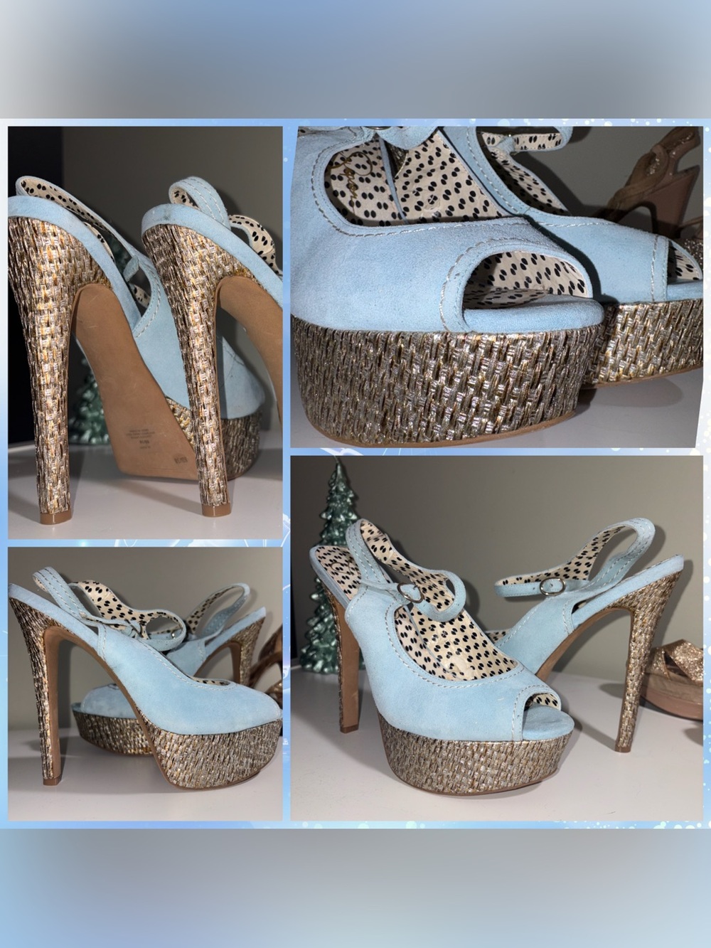 Rare Jessica Simpson Eddy Platform Peep Toe Heels in Blue w/ Woven Gold Platform